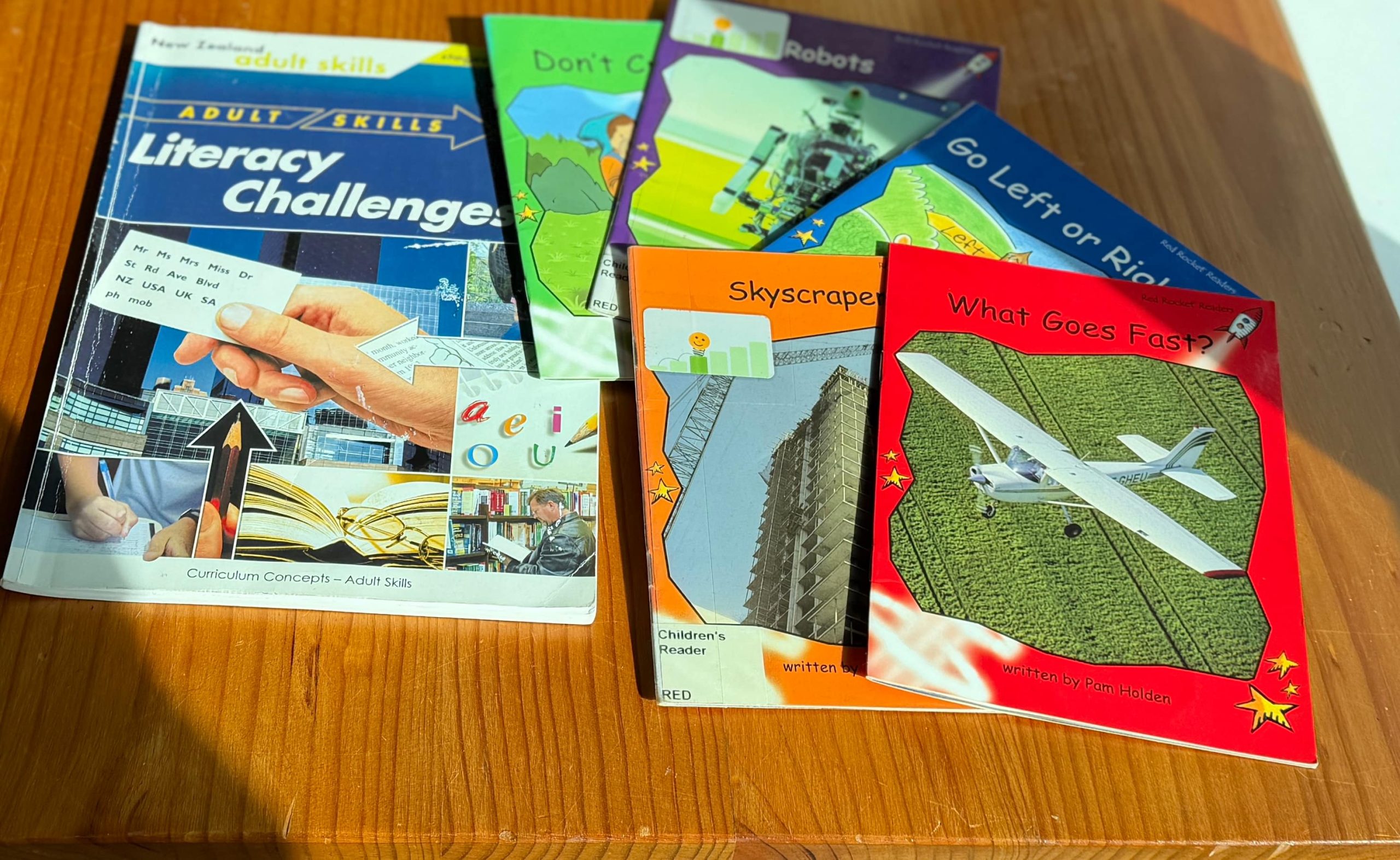 books on a table.